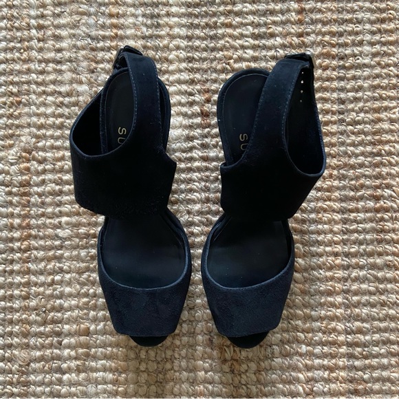 SOLD Loeffler Randall x Suno Black Suede Wedge Sandals Wooden Heel Leather - Picture 3 of 11